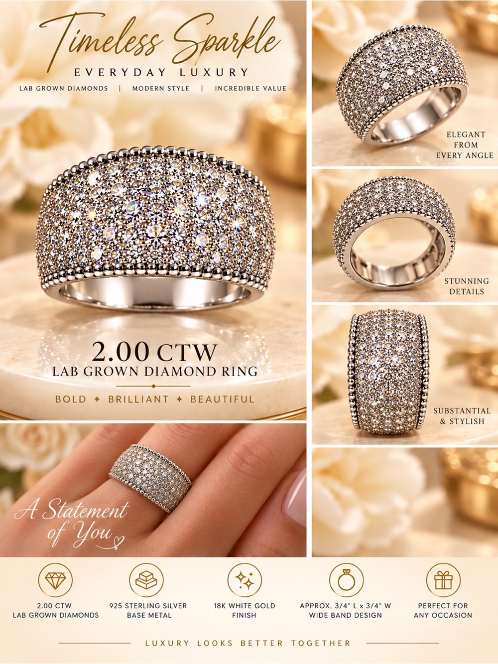 Lab Created Diamond Wide Band Ring in White - 2.00 CTW Gorgeous